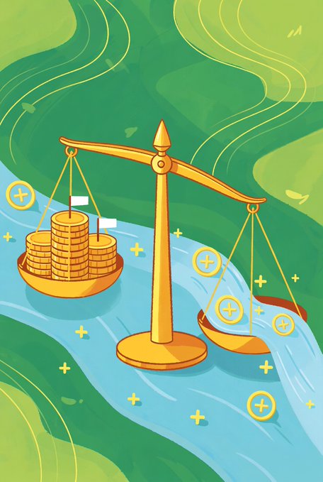 The image features a cartoon illustration of a scale with two gold weights, each containing stacks of money. The scale is balanced, indicating that both sides have an equal amount of wealth or value. Below the scale, there's a river flowing through the scene, adding a sense of movement and dynamism to the overall composition.

The image also includes text that reads "TermMax @TermMaxFi offers clear fixed interest rates from the start," which suggests that the post is related to financial services or banking topics. The phrase "now even your unmatched capital can automatically earn yield" implies that the platform is designed for investors who want a stable and predictable source of income, regardless of market fluctuations.