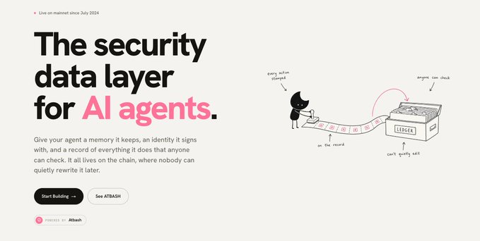 Chromia unveils a new brand identity, positioning itself as "The security data layer for AI agents," with its mainnet launch slated for July 2024. The accompanying illustration, showing a character stamping a data chain into a "LEDGER" box, visually reinforces Chromia's role in providing tamper-proof records and identity verification for AI agent actions.