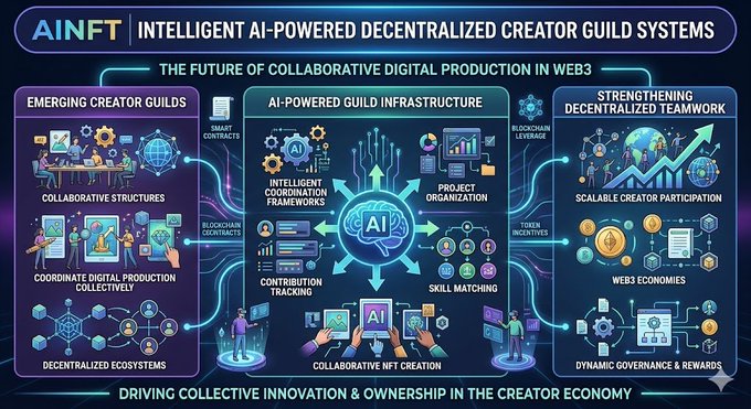 The image features a visually appealing infographic with three blue sections of varying heights, each filled with different icons representing aspects of intelligent AI and centralized creator guild systems. These include a brain icon, money icons, and a computer screen displaying a collaborative ecosystem.
