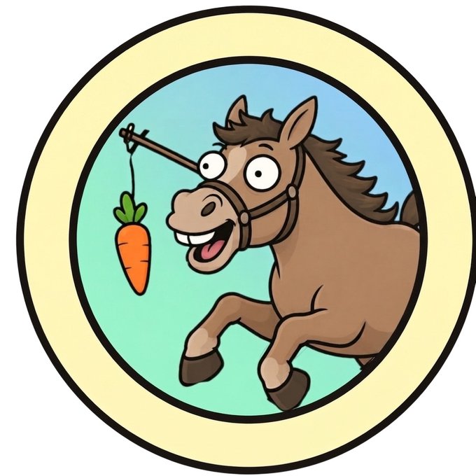 A circular cartoon illustration of a wide-eyed brown horse with a carrot dangling in front of its face.