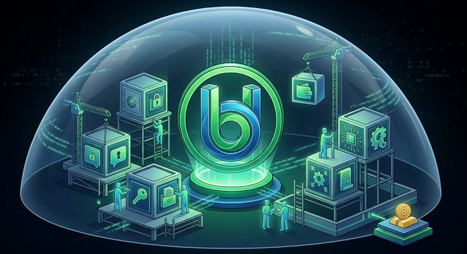 A stylized digital illustration depicting a glowing green token icon with a 'U' or 'bl' design at the center of a glass dome, surrounded by construction cranes, servers, and small figures building on floating platforms.