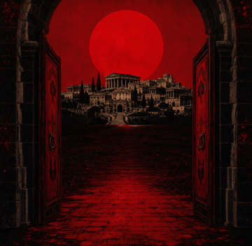 Massive open gothic doors reveal an ancient cityscape bathed in crimson beneath an enormous blood-red moon, evoking a haunting threshold between worlds. The image mirrors the post's message by presenting art as a gateway—an invitation to step through and let imagination, like the moon's glow, guide viewers toward the right "heART."