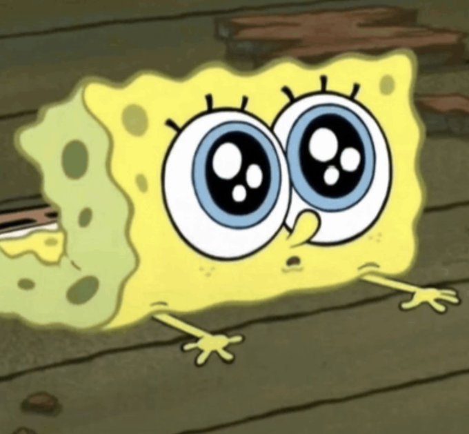 A close-up screenshot of SpongeBob SquarePants with extremely large, glossy eyes and a small mouth, looking upwards in an adorable, pleading expression.