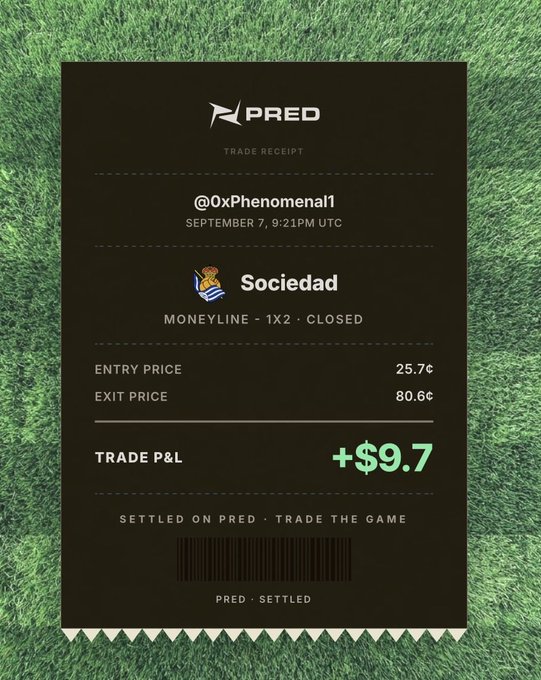 A digital trade receipt from PRED shows a successful 'Sociedad' moneyline bet with an entry price of 25.7¢, exit price of 80.66¢, resulting in a trade P&L of +$9.7.