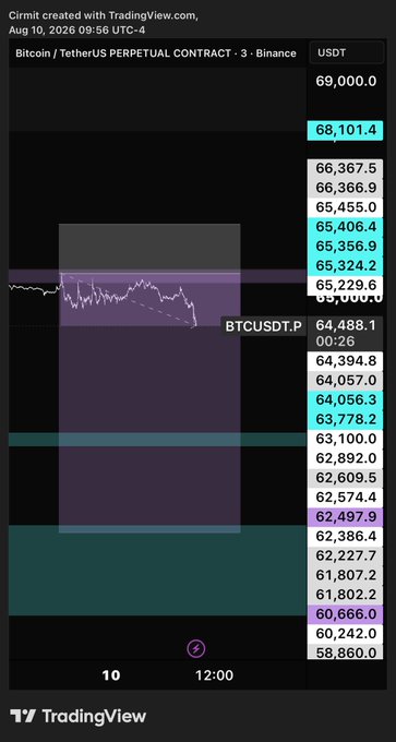 A TradingView chart of BTCUSDT.P (Bitcoin/TetherUS Perpetual Contract) on Binance, timestamped Aug 10, 2026 at 09:56 UTC-4, shows the price hovering around $64,488 after rejecting the $65,324.2 resistance zone—aligning with the post's claim of a "nice top tick" being signaled before updating longer-term Bitcoin outlooks.