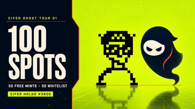 A bright yellow-green promotional graphic for 'CIFER GHOST TOUR 01' advertising '100 SPOTS - 50 FREE MINTS + 50 WHITELIST' with pixel art character designs.