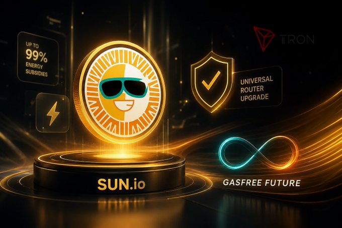 The image features a golden coin with sunglasses on top of it, surrounded by various symbols related to cryptocurrency and blockchain technology. The text "SUN.io" is also present in the image. The caption reads, "SUN.io is no longer just improving DeFi accessibility, it's redefining what seamless on-chain interaction should feel like." This suggests that the coin has been used as a symbol for the Sun.io project and its impact on the cryptocurrency world.