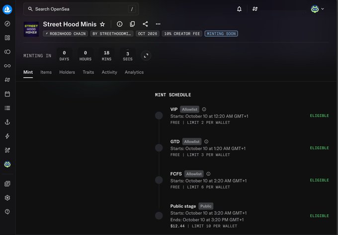 A screenshot of OpenSea showing the 'Street Hood Minis' NFT mint schedule on the Robinhood Chain, with phases for VIP, GTD, FCFS, and Public stage, marked as 'MINTING SOON'.