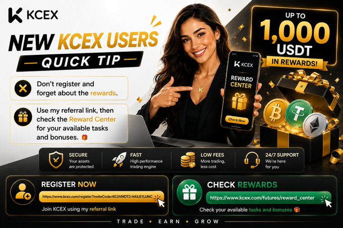A promotional graphic from KCEX Exchange advertises up to 1,000 USDT in rewards for new users who register via a referral link and visit the Reward Center, featuring a smiling woman pointing to a smartphone displaying the platform's "Reward Center." The image highlights key benefits including security, fast trading engines, low fees, and 24/7 support, with call-to-action buttons linking to registration and rewards pages.