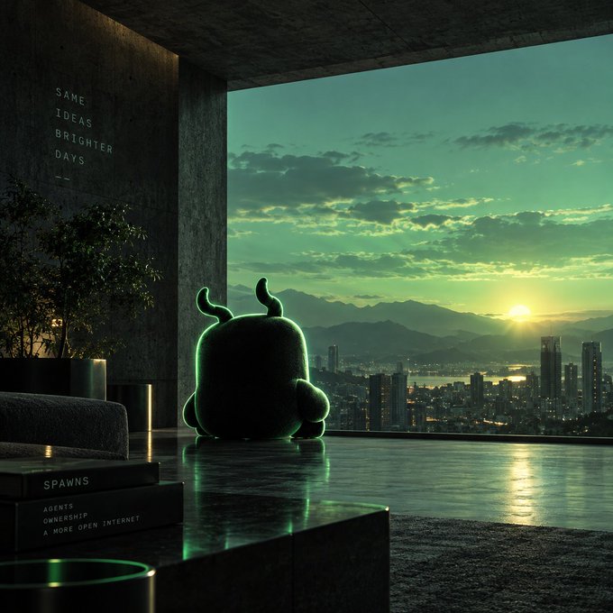 A dark, atmospheric room features a glowing green character with antennae looking out a large window at a sunset over a city skyline, with text on the wall reading 'SAME IDEAS BRIGHTER DAYS' and books labeled 'SPAWNS'.