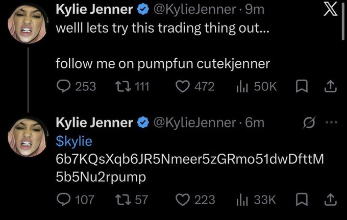 Tweets from verified account @KylieJenner read 'welll lets try this trading thing out...' and 'follow me on pumpfun cutekjenn er' followed by a '$kylie' cryptocurrency contract address.