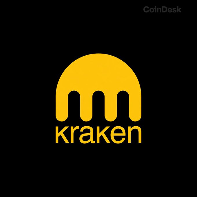 The image displays the Kraken cryptocurrency exchange logo in gold against a black background, with the word "kraken" written beneath the stylized "m"-shaped tentacle emblem. The "CoinDesk" watermark appears in the top right corner, indicating the source of the image. This logo relates to the accompanying post about Kraken's security response to a dust attack from wallets linked to sanctioned HTX, highlighting the exchange's role in the news story.
