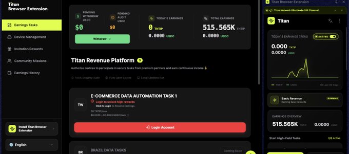 Screenshots of the 'Titan Browser Extension' interface displaying the 'Titan Revenue Platform' with 'Earnings Tasks', $515.565K total earnings, and E-commerce data automation tasks.
