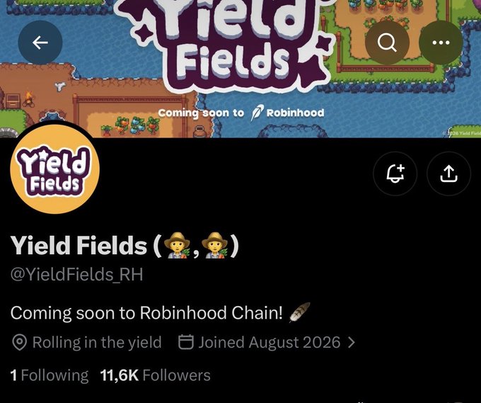 The image shows the Twitter/X profile page for "Yield Fields" (@YieldFields_RH), a GameFi project "Coming soon to Robinhood Chain" with 11.6K followers, featuring pixel-art farmer imagery and a rocket emoji in its bio—aligning with the post's announcement of Yield Fields as the "next alpha" on Robinhood's Green Chain.