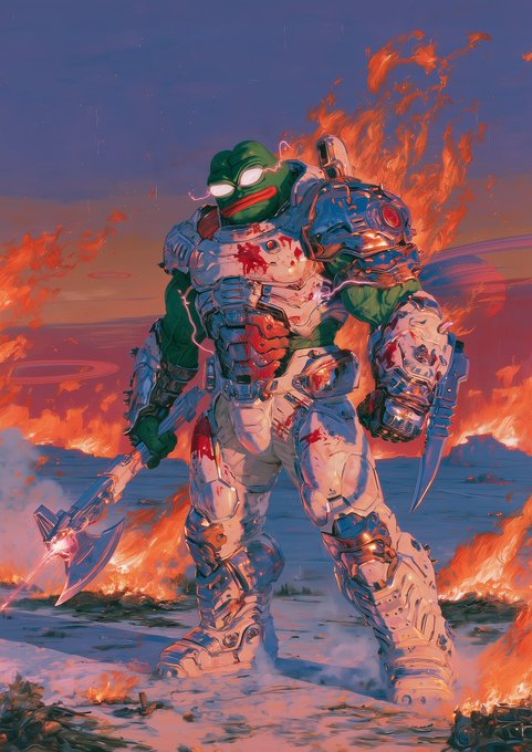 Digital artwork depicting a muscular, armored figure with a Teenage Mutant Ninja Turtles-style mask, standing amidst flames and holding a large axe.
