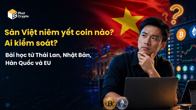 A promotional banner features a pensive man looking at a laptop alongside a Vietnamese flag, cryptocurrency icons (Bitcoin, Ethereum), and candlestick charts, with Vietnamese text asking "Sàn Việt niêm yết coin nào? Ai kiểm soát?" ("Which coins will Vietnamese exchanges list? Who controls it?") and noting lessons from Thailand, Japan, South Korea, and the EU—directly illustrating the article's discussion about Vietnam's upcoming licensed crypto exchange pilot and the uncertainty surrounding coin listings.