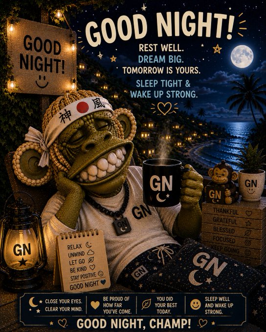 A vibrant 'Good Night!' themed graphic featuring a grinning monkey character wearing a headband, holding a 'GN' mug, surrounded by motivational messages like 'Rest Well, Dream Big' and 'Good Night, Champ!'