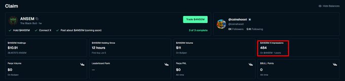 Claim screen for ANSEM token showing tokenomics including 10.91% holders allocation, $0 trading fees, 12-hour holding time, and 464 trading competitions (highlighted in red), credited from user @onaboost.