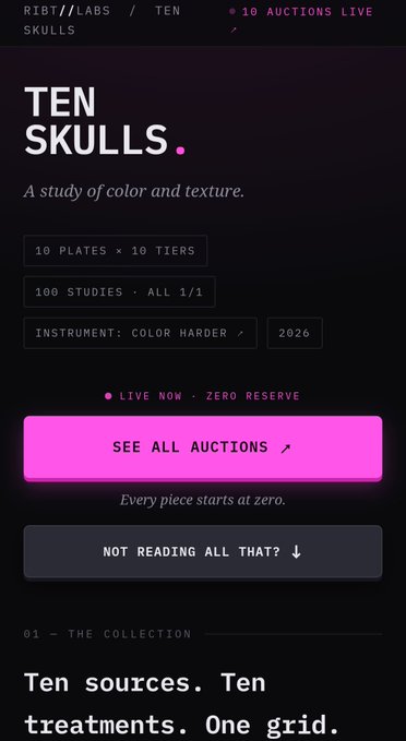 A dark webpage for 'TEN SKULLS' from RIBT//LABS, described as 'A study of color and texture,' featuring a pink 'SEE ALL AUCTIONS' button.