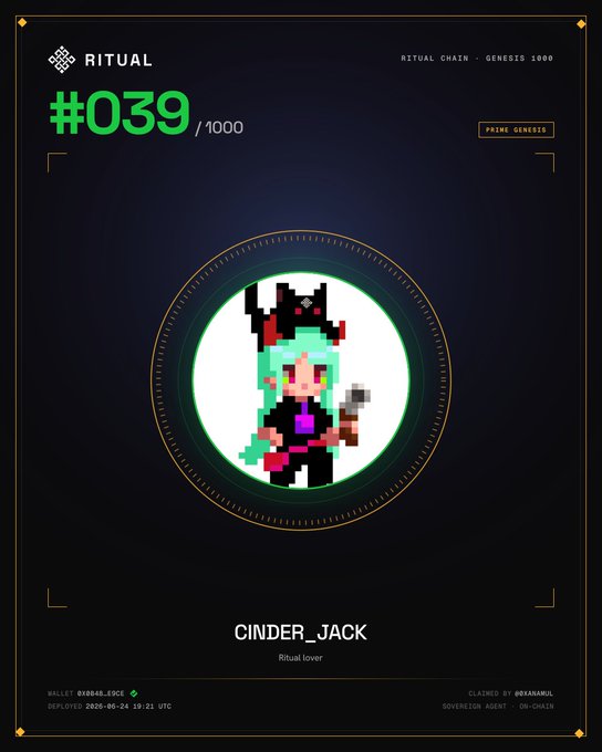 A 'RITUAL' NFT collectible card #039/1000 labeled 'PRIME GENESIS' featuring a pixelated character named 'CINDER_JACK - Ritual Lover' on a dark background.