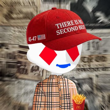 A cartoon figure wearing a red Burberry-style cap reading "THERE'S NO SECOND BEST" alongside the number "45-47" holds McDonald's fries, paired with a tweet celebrating a new NFT collection featuring a "777 pfp on ethereum" focused on culture, identity, and internet aesthetics.