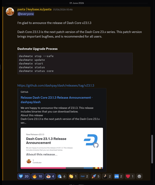 The image shows a screenshot of an electronic messaging app displaying a conversation with a few other people who are discussing the release date for Dash Core. The text displayed includes "I'm glad to announce the release of Dash Core v23.1.3", which is the new version and release date, as well as "This patch is important for all users." This indicates that there might be some updates or improvements related to the Core software in the upcoming version.