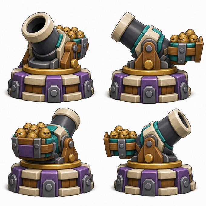 Four views of a cartoon-style cannon with golden projectiles loaded in its basket, mounted on a purple and gray stone base.