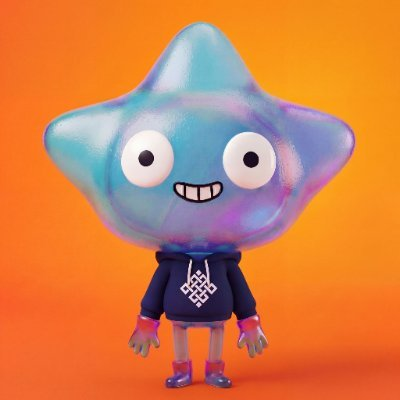 A 3D-rendered cartoon character with a large iridescent blue star-shaped head, big eyes, and a toothy smile, wearing a dark blue hoodie with a geometric logo, set against an orange background.
