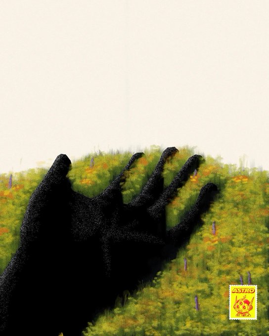 An artistic illustration showing a black silhouetted hand reaching through a vibrant green field with scattered flowers, marked with an 'ASTRO' logo featuring a cartoon cat.