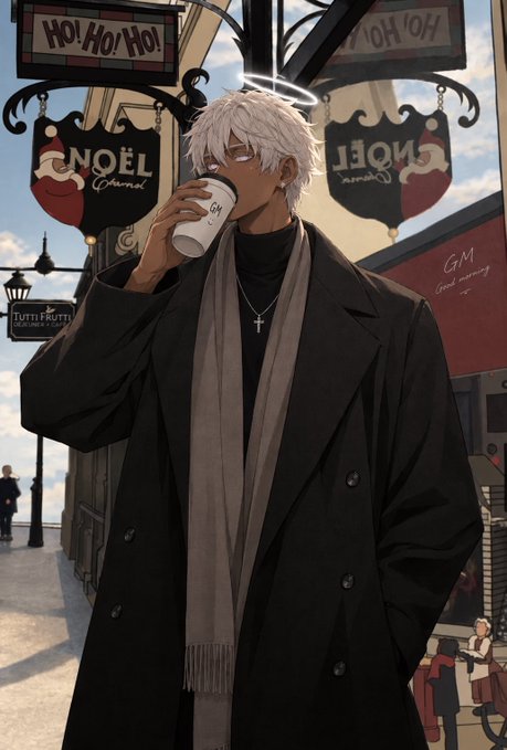 An anime-style illustration of a white-haired character with a halo drinking from a cup, standing in front of signs that read 'NOEL Channel', 'GM Good morning', and 'TUTTI FRUTTI' under 'Ho! Ho! Ho!' banners.
