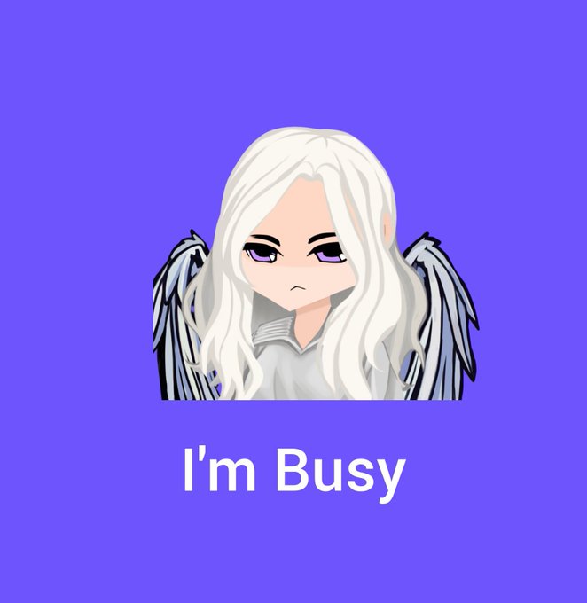 An anime-style character with long white hair, purple eyes, and black wings appears on a purple background with the text "I'm Busy".