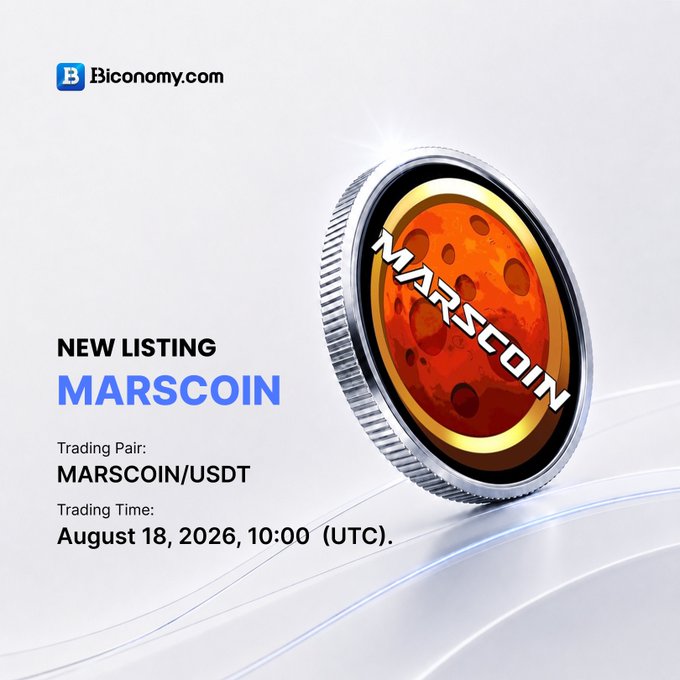 A promotional graphic from Biconomy.com announcing a new listing for MARSCOIN, with the MARSCOIN/USDT trading pair set to open on August 18, 2026, at 10:00 (UTC).