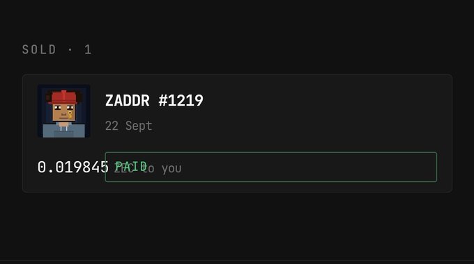 A digital receipt interface shows a sold item 'ZADDR #1219' with the 'PAID' status in green text and a 'Thank you' message visible.