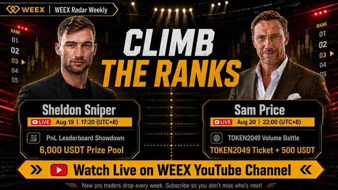 A promotional graphic for "WEEX Radar Weekly" Vol. 03 featuring two traders, Sheldon Sniper and Sam Price, announcing their live YouTube leaderboard battles on August 19 and August 20, respectively, with prize pools including 6,000 USDT and a Token2049 ticket plus 500 USDT, matching the post's details about the upcoming PnL Leaderboard Showdown and Token2049 Volume Battle.