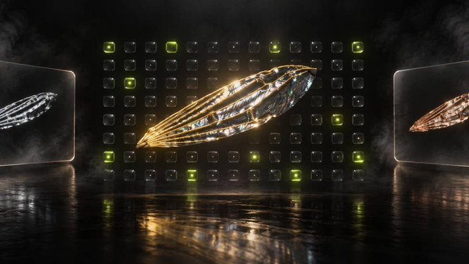 A futuristic 3D-rendered NFT artwork displayed in a sleek, dark gallery setting with grid-patterned walls and reflective floors, showcasing a golden, crystalline spacecraft-like NFT as part of the Swarm Pad collection launching September 24 on Robinhood Chain.