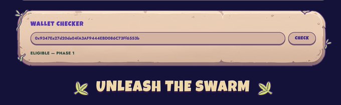 The image displays a "Wallet Checker" interface with an Ethereum-style address (0x9347E27d20da04fA3AF9444EBD086C73Ff6553b) entered in the input field, showing "ELIGIBLE — PHASE 1" status, and features the tagline "UNLEASH THE SWARM." This appears to be the bug-checking tool from unvault.com/bugz mentioned in the post, allowing users to verify their eligibility for the Genesis Bugs NFT collection.