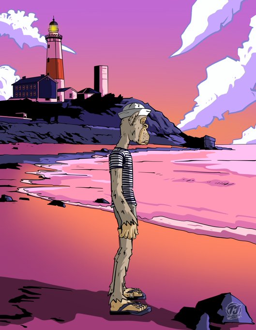 An illustrated scene features a tall, lanky figure wearing a sailor hat and striped shirt standing on a pink beach, with a lighthouse and buildings silhouetted on a cliff in the background against a purple sunset sky.