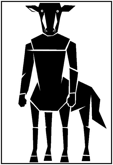 A minimalist black-and-white geometric illustration of a centaur, combining a human upper body with the body of a horse.