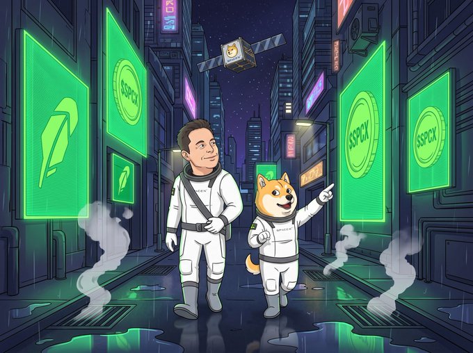 A cartoon astronaut and a Shiba Inu dog in spacesuits walk through a neon-lit cyberpunk city street surrounded by glowing green "$SSPCX" billboards, with a Dogecoin-branded satellite floating overhead. The image visually ties to the post by blending space exploration imagery with dogecoin/meme coin themes to hype the $DOGE-1 token as an early Robinhood Chain opportunity.
