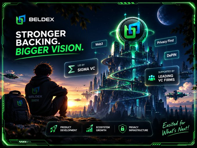 A Beldex cryptocurrency promotional graphic featuring a person looking at a futuristic floating city with the tagline 'STRONGER BACKING. BIGGER VISION.' and mentions of Web3, Privacy First, DePIN, led by Sigma VC and supported by leading VC firms.