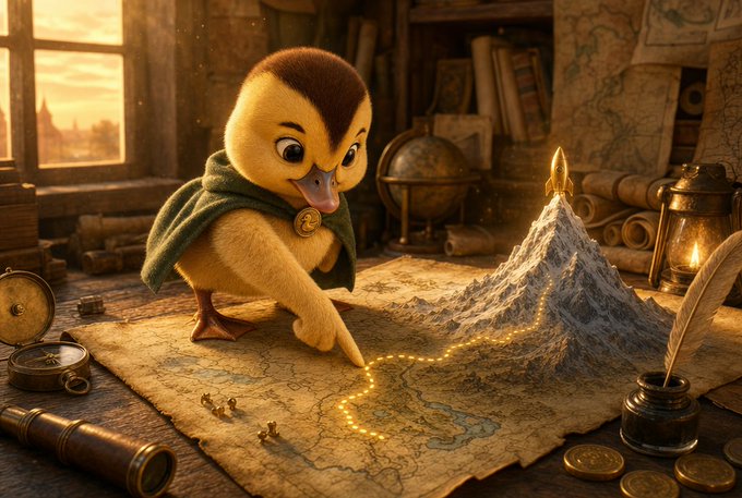 A 3D-rendered cartoon duck wearing a green cape explores a map of a mountain on a wooden table, surrounded by a globe, telescope, and gold coins.