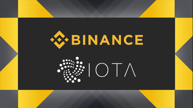 A graphic showing the Binance logo and IOTA logo together on a black background with yellow geometric border, indicating a Binance listing or partnership for IOTA.