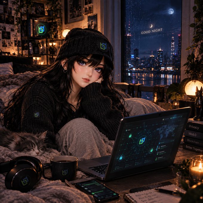 Digital artwork of a woman in a beanie using a laptop at night by a window overlooking a city skyline, with cats nearby and UI elements mentioning 'Privacy', 'Web3', and 'Blockchain'.