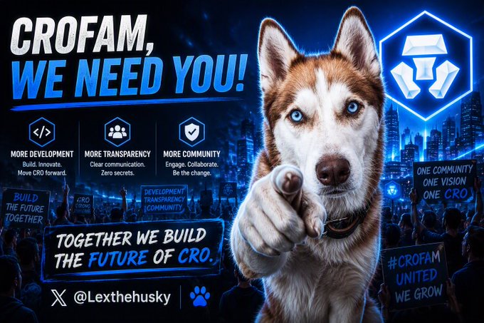 Community campaign image for 'CROFAM' featuring a Siberian Husky pointing at the viewer, with slogans 'CROFAM, WE NEED YOU!' and 'TOGETHER WE BUILD THE FUTURE OF CRO', alongside icons for development, transparency, and community, tagged with '@Lexthehusky'.