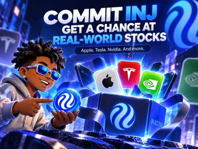 A promotional graphic for Injective featuring a 3D animated character holding a coin, with text 'COMMIT INJ GET A CHANCE AT REAL-WORLD STOCKS' alongside logos for Apple, Tesla, and Nvidia.