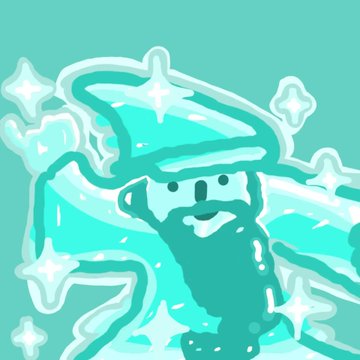 A cute cyan-tinted illustration of a wizard with a large pointed hat, surrounded by glowing stars and sparkles, capturing the magical wizard theme of the Bitcoin Wizards NFT collection inscription announcement.