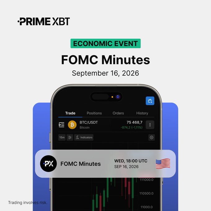 A PrimeXBT promotional graphic announcing an 'Economic Event: FOMC Minutes' on September 16, 2026, showing a smartphone interface with BTC/USDT at 75,468.7 and a candlestick chart.