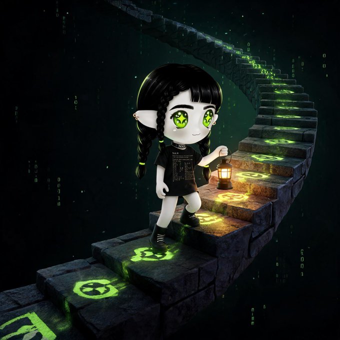 3D digital illustration of a chibi-style character with green star eyes and black braids, holding a lantern and walking up glowing green stone steps featuring recycling and leaf symbols.