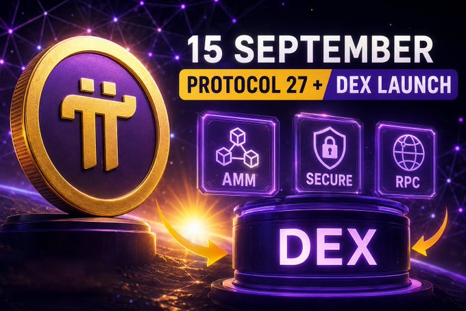 A promotional graphic announces the Pi Network Protocol 27 + DEX Launch on September 15, featuring a large gold Pi coin alongside highlighted icons labeled "AM," "SECURE," and "RPC," all resting above a glowing "DEX" platform—visually representing the key infrastructure upgrades and decentralized exchange debut described in the post.