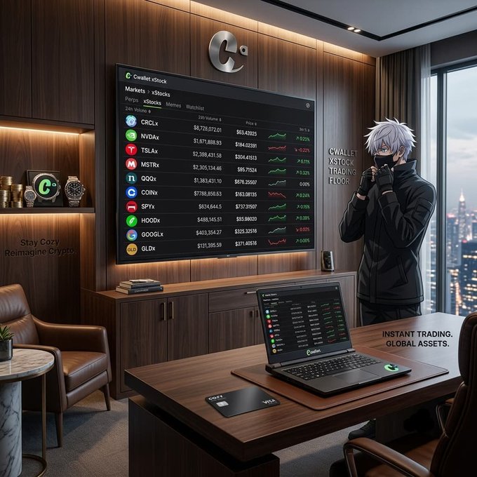 An anime-style character in a black jacket stands in a modern office with a city view, facing a large wall-mounted screen displaying crypto/stock market tickers (CRCLx, NVDAx, TSLRx, MSTRx, QQOx, COINx, SPYx, HOODx, GOOGLx, GLDx) under the 'Cwallet xStock' header; text reads 'Stay Cozy. Reimagine Crypto.', 'CWALLET XSTOCK TRADING FLOOR', and 'INSTANT TRADING. GLOBAL ASSETS.'
